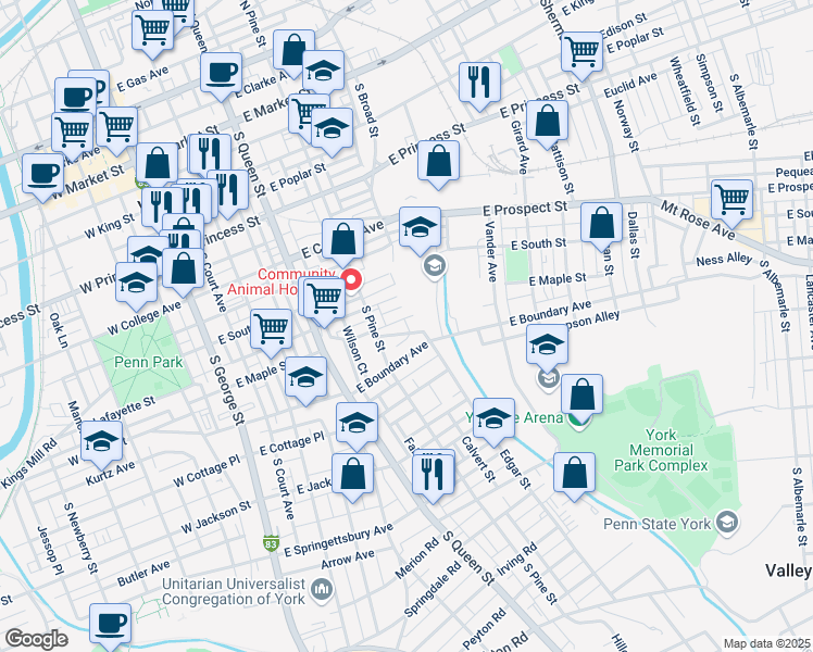 map of restaurants, bars, coffee shops, grocery stores, and more near 314 East Maple Street in York