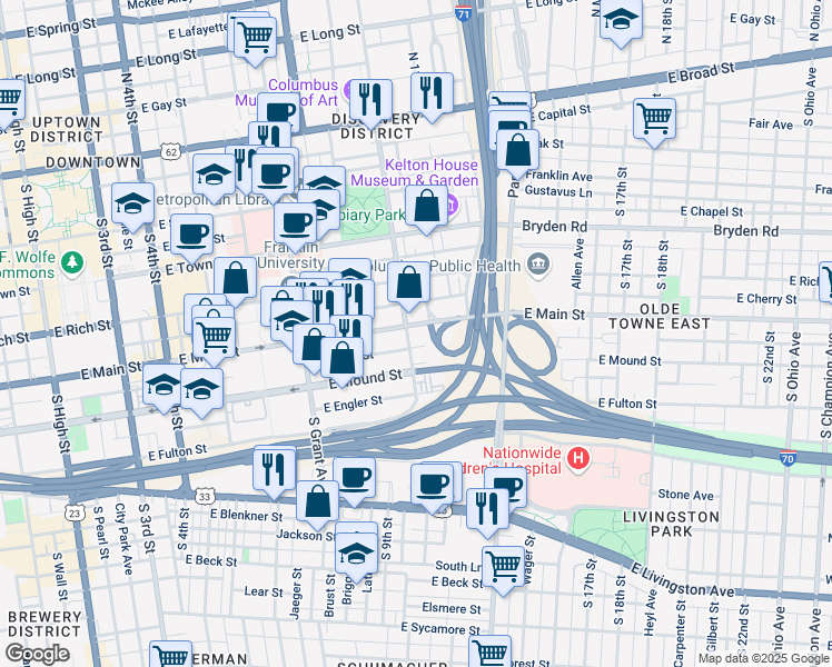 map of restaurants, bars, coffee shops, grocery stores, and more near 327 South Washington Avenue in Columbus