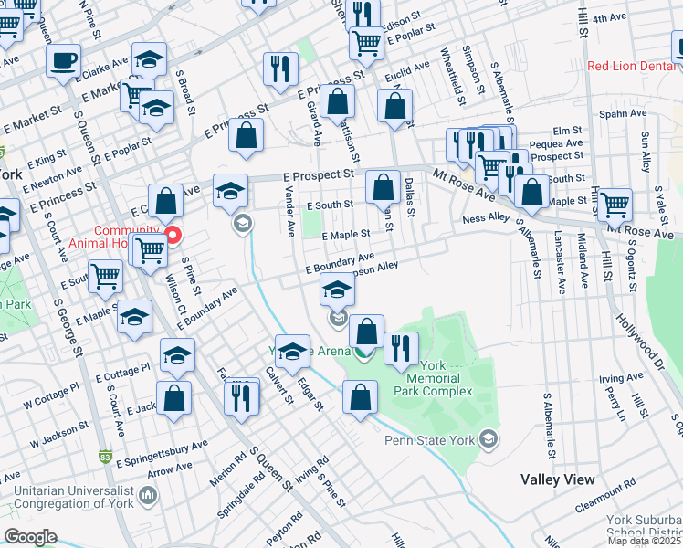 map of restaurants, bars, coffee shops, grocery stores, and more near 708 East Boundary Avenue in York