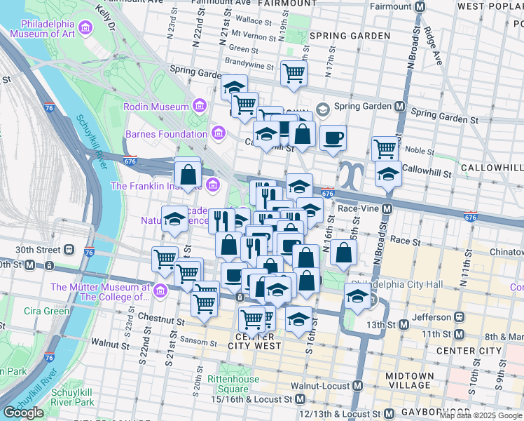 map of restaurants, bars, coffee shops, grocery stores, and more near 2 Logan Square in Philadelphia