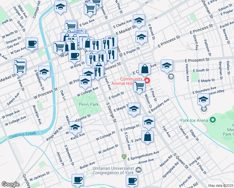 map of restaurants, bars, coffee shops, grocery stores, and more near 47 South Street in Hanover