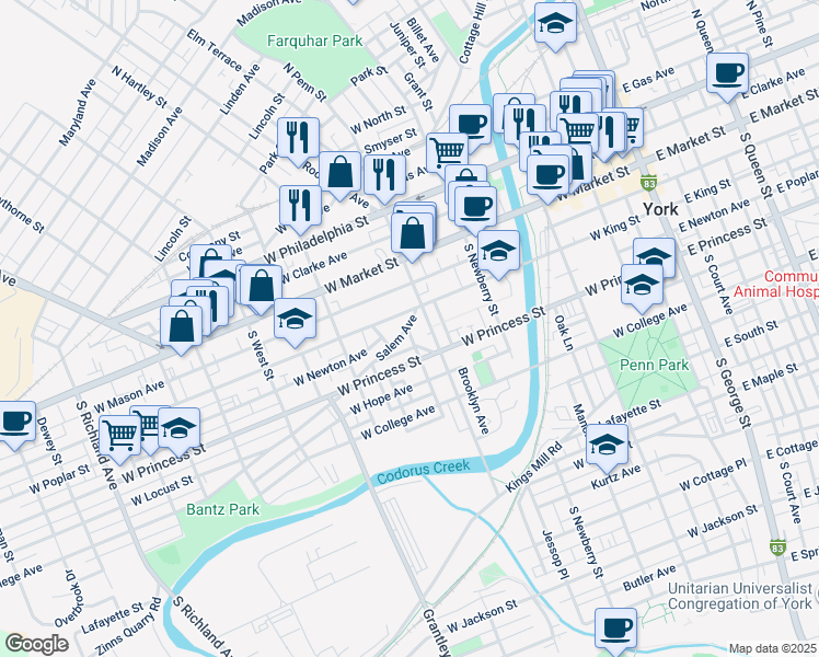 map of restaurants, bars, coffee shops, grocery stores, and more near 426 Salem Avenue in York