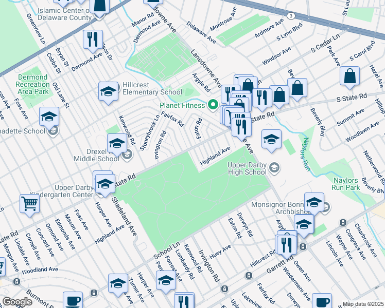 map of restaurants, bars, coffee shops, grocery stores, and more near 742 Fairfax Road in Drexel Hill