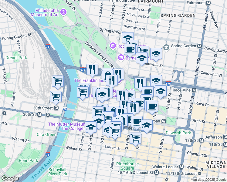 map of restaurants, bars, coffee shops, grocery stores, and more near 2036 Race Street in Philadelphia