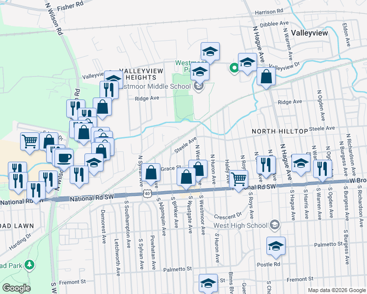 map of restaurants, bars, coffee shops, grocery stores, and more near Steele Ave & N Westgate Ave in Columbus
