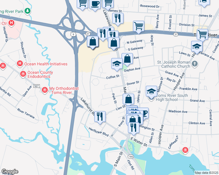 map of restaurants, bars, coffee shops, grocery stores, and more near 42 Broad Street in Toms River