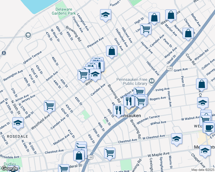 map of restaurants, bars, coffee shops, grocery stores, and more near 2239 Browning Road in Pennsauken Township