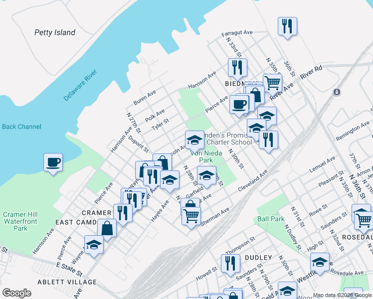 map of restaurants, bars, coffee shops, grocery stores, and more near 2824 River Avenue in Camden