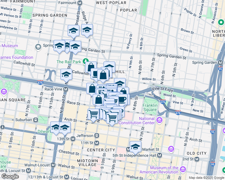 map of restaurants, bars, coffee shops, grocery stores, and more near Vine Street in Philadelphia