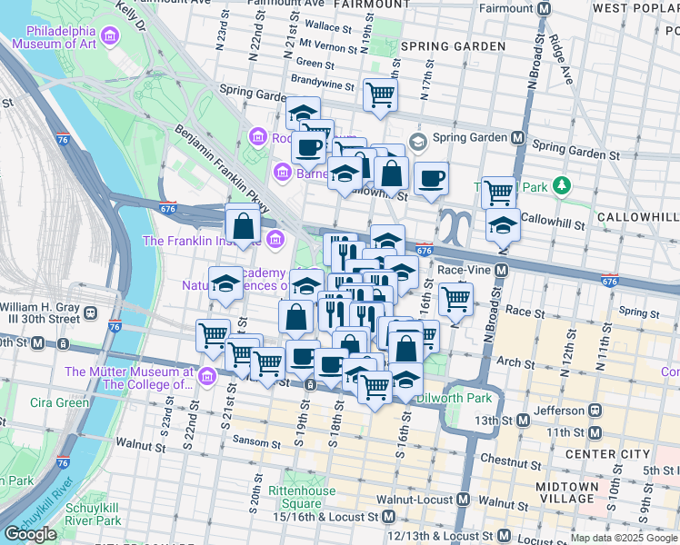 map of restaurants, bars, coffee shops, grocery stores, and more near 1840 Benjamin Franklin Parkway in Philadelphia
