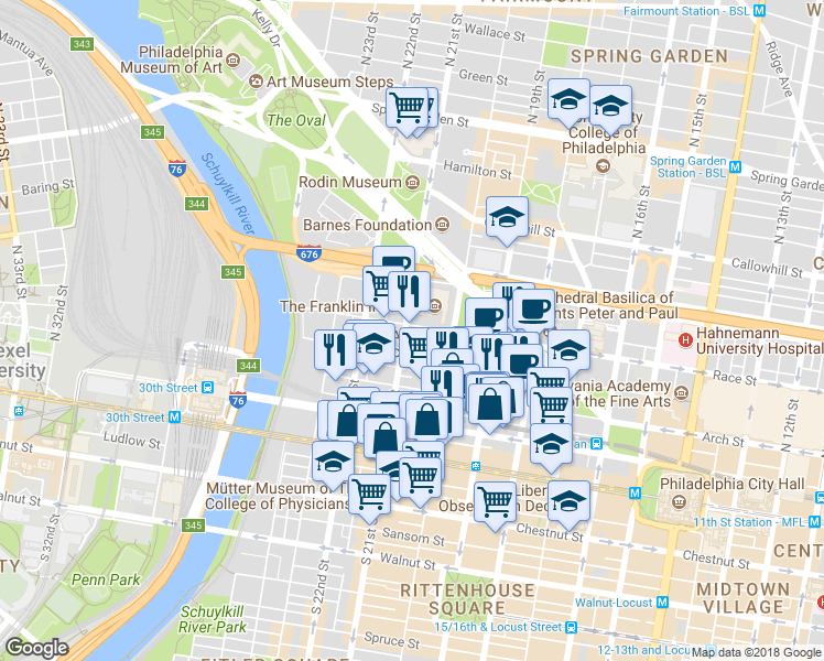 map of restaurants, bars, coffee shops, grocery stores, and more near in Philadelphia