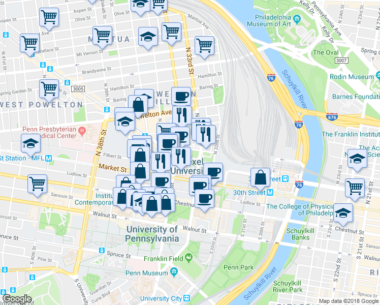 map of restaurants, bars, coffee shops, grocery stores, and more near 3301 Market Street in Philadelphia