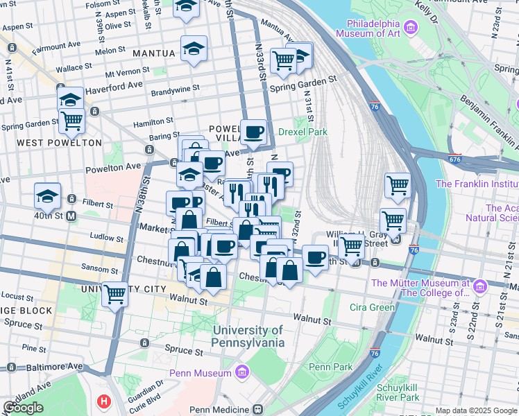map of restaurants, bars, coffee shops, grocery stores, and more near 3314 Arch Street in Philadelphia