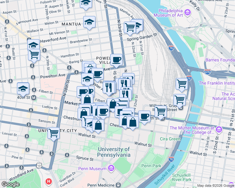 map of restaurants, bars, coffee shops, grocery stores, and more near 65 North 34th Street in Philadelphia