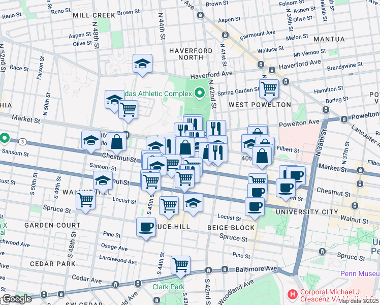 map of restaurants, bars, coffee shops, grocery stores, and more near 24 South 43rd Street in Philadelphia