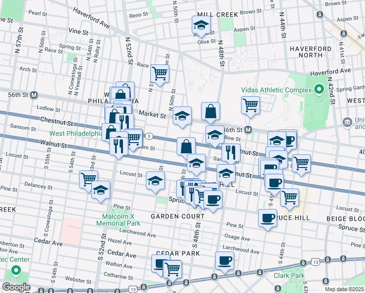map of restaurants, bars, coffee shops, grocery stores, and more near 4934 Sansom Street in Philadelphia