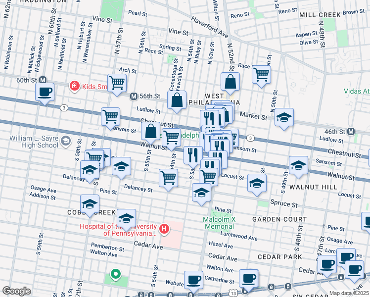 map of restaurants, bars, coffee shops, grocery stores, and more near 5310 Walnut Street in Philadelphia