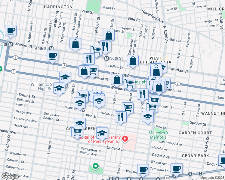 map of restaurants, bars, coffee shops, grocery stores, and more near 5526 Chancellor Street in Philadelphia