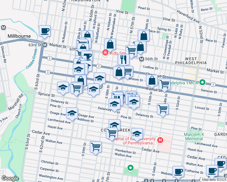 map of restaurants, bars, coffee shops, grocery stores, and more near 247 South Cecil Street in Philadelphia