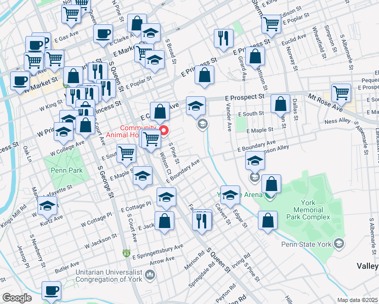 map of restaurants, bars, coffee shops, grocery stores, and more near 314 East Maple Street in York