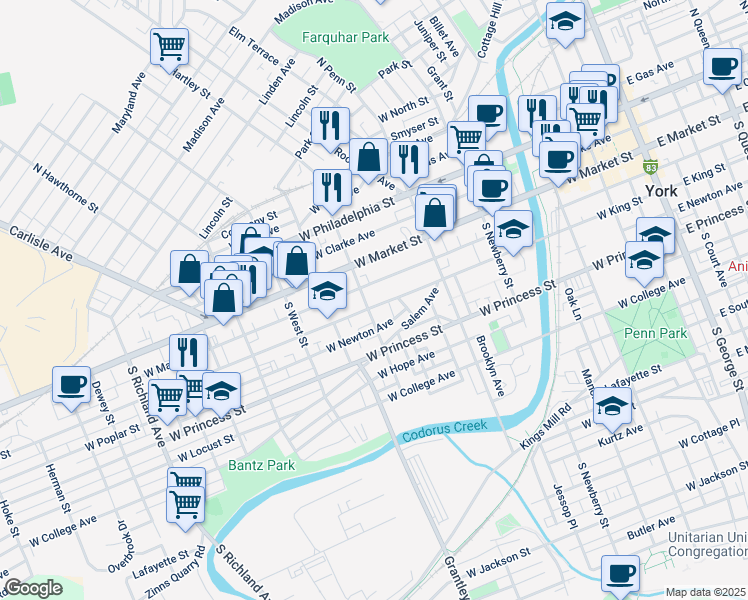 map of restaurants, bars, coffee shops, grocery stores, and more near 514 West King Street in York