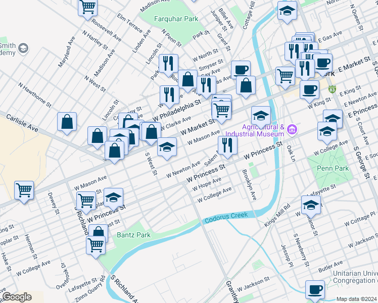 map of restaurants, bars, coffee shops, grocery stores, and more near 514 West King Street in York