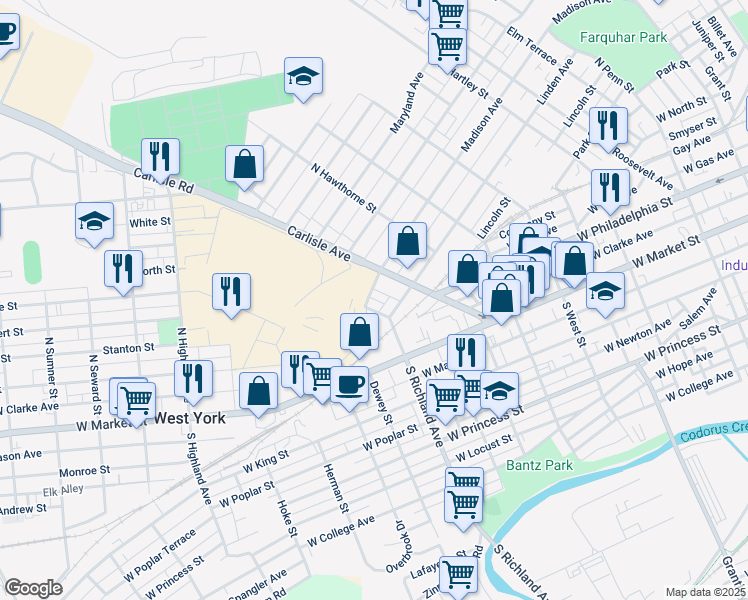 map of restaurants, bars, coffee shops, grocery stores, and more near 945 Linden Avenue in York