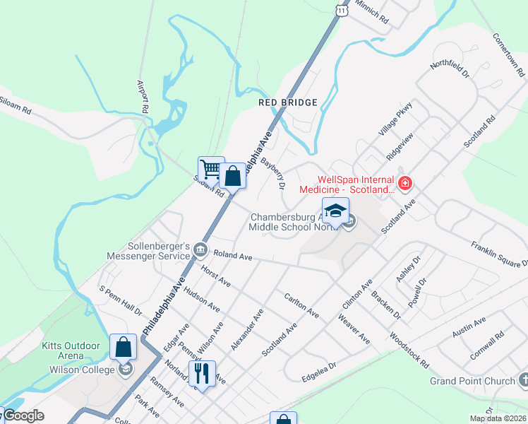 map of restaurants, bars, coffee shops, grocery stores, and more near 120 Chancellor Drive in Chambersburg