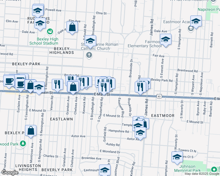 map of restaurants, bars, coffee shops, grocery stores, and more near 2950 East Main Street in Columbus