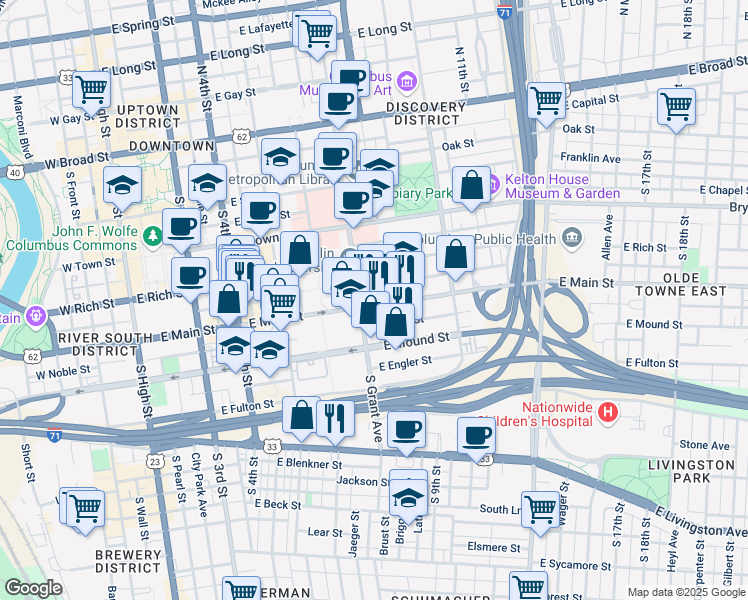 map of restaurants, bars, coffee shops, grocery stores, and more near 381 East Main Street in Columbus