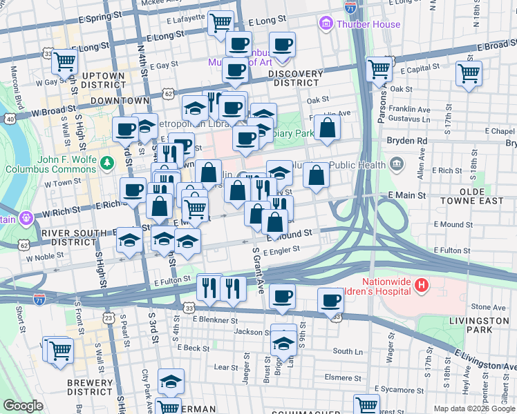 map of restaurants, bars, coffee shops, grocery stores, and more near 381 East Main Street in Columbus