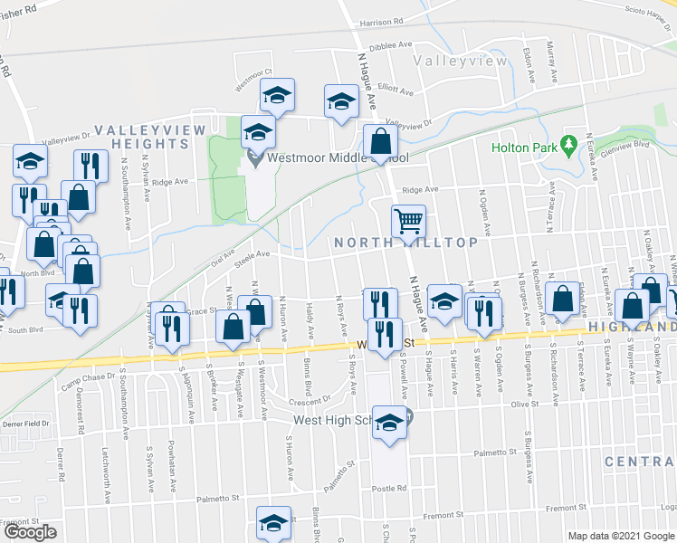 map of restaurants, bars, coffee shops, grocery stores, and more near 103 North Chase Avenue in Columbus