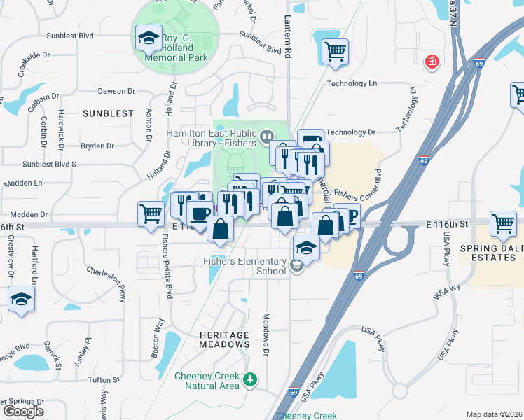 map of restaurants, bars, coffee shops, grocery stores, and more near 8654 East 116th Street in Fishers