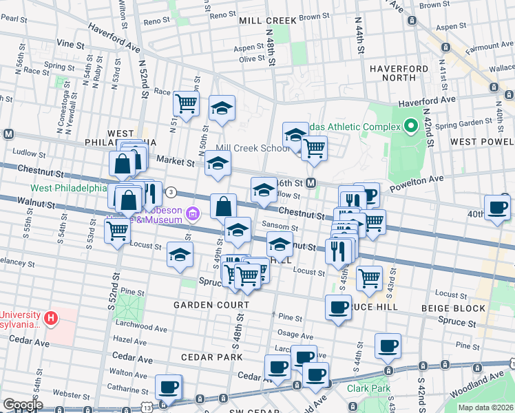 map of restaurants, bars, coffee shops, grocery stores, and more near 4800 Chestnut Street in Philadelphia