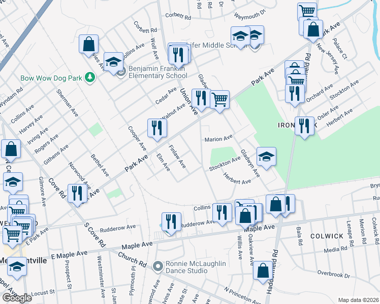 map of restaurants, bars, coffee shops, grocery stores, and more near 3527 Pennsylvania Avenue in Pennsauken Township