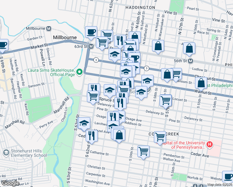 map of restaurants, bars, coffee shops, grocery stores, and more near 6033 Spruce Street in Philadelphia