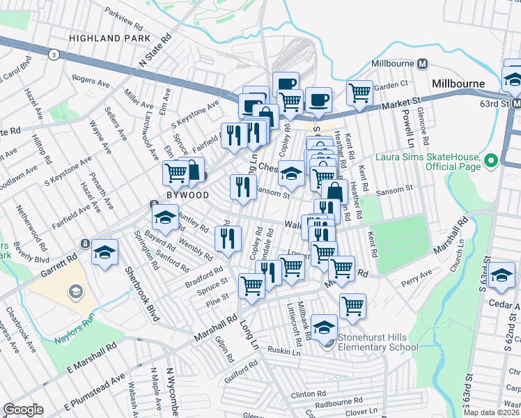 map of restaurants, bars, coffee shops, grocery stores, and more near 340 Wiltshire Road in Delaware County