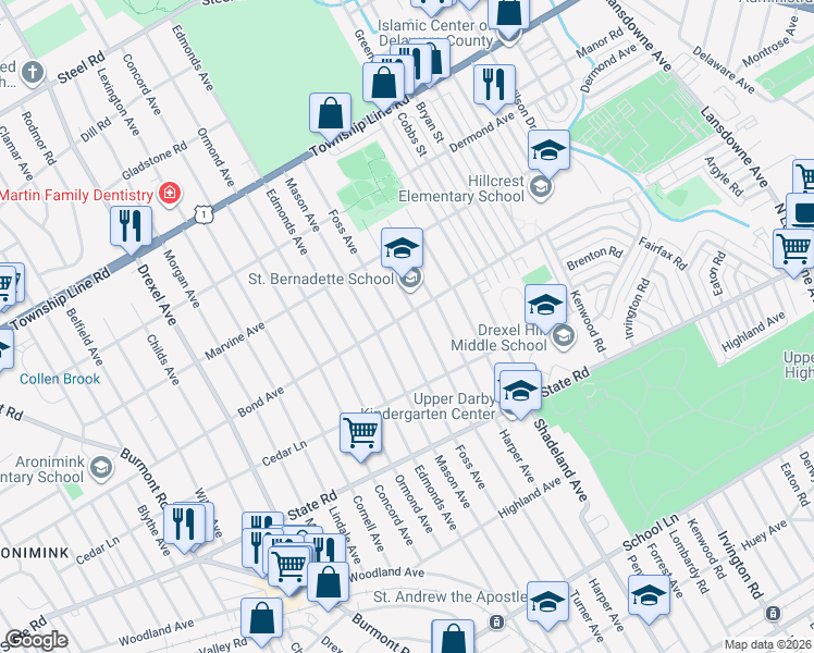 map of restaurants, bars, coffee shops, grocery stores, and more near 933 Foss Avenue in Drexel Hill