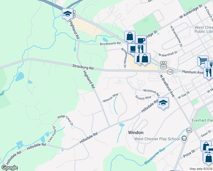 map of restaurants, bars, coffee shops, grocery stores, and more near 805 Bradford Terrace in West Chester