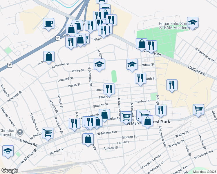 map of restaurants, bars, coffee shops, grocery stores, and more near 305 North Clinton Street in West York