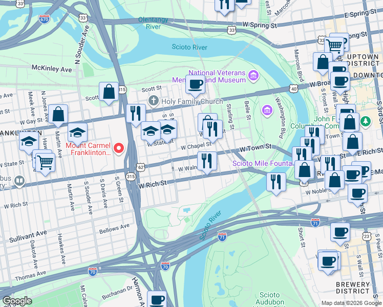 map of restaurants, bars, coffee shops, grocery stores, and more near 185 Mc Dowell Street in Columbus