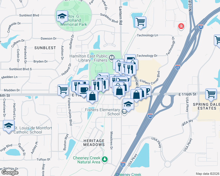 map of restaurants, bars, coffee shops, grocery stores, and more near 8654 East 116th Street in Fishers