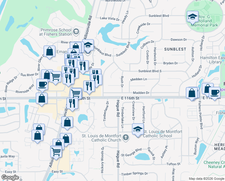 map of restaurants, bars, coffee shops, grocery stores, and more near 7407 Madden Drive in Fishers