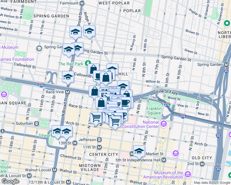 map of restaurants, bars, coffee shops, grocery stores, and more near 224 North 10th Street in Philadelphia