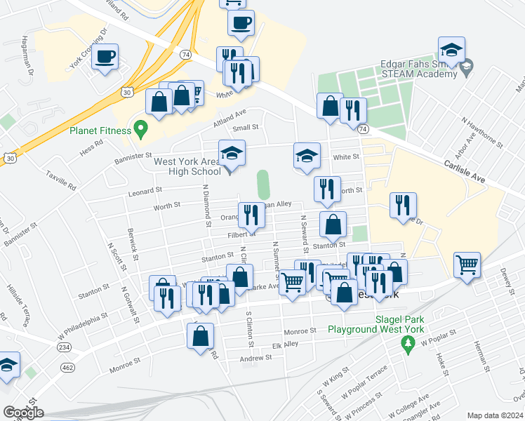 map of restaurants, bars, coffee shops, grocery stores, and more near 1713 Orange Street in York