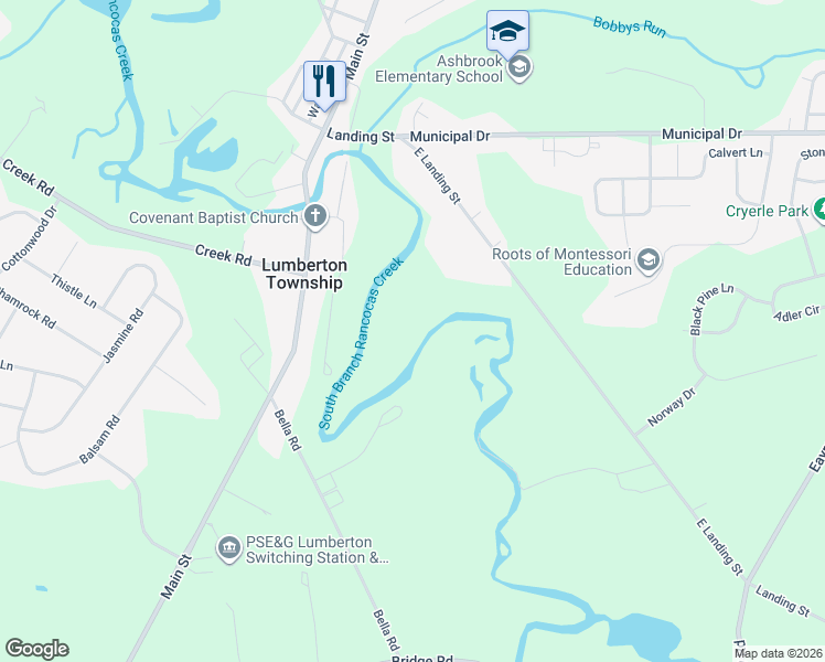 map of restaurants, bars, coffee shops, grocery stores, and more near 425 Landing Street in Lumberton