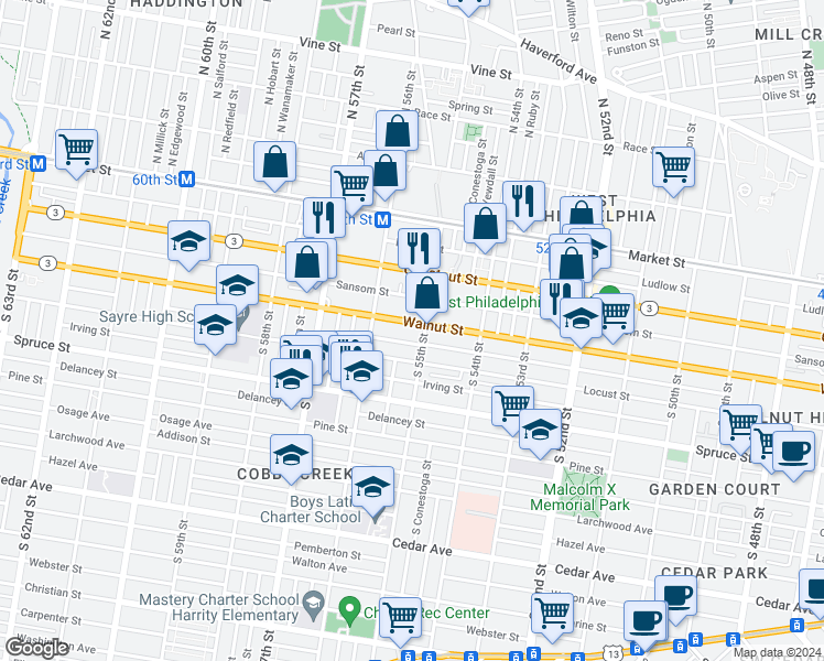 map of restaurants, bars, coffee shops, grocery stores, and more near 5526 Chancellor Street in Philadelphia