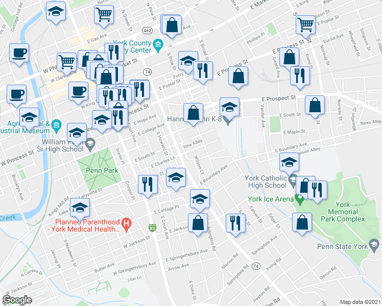 map of restaurants, bars, coffee shops, grocery stores, and more near 226 Harding Court in York