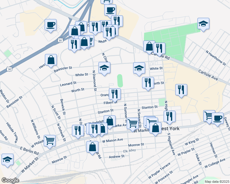 map of restaurants, bars, coffee shops, grocery stores, and more near 1737 Orange Street in York