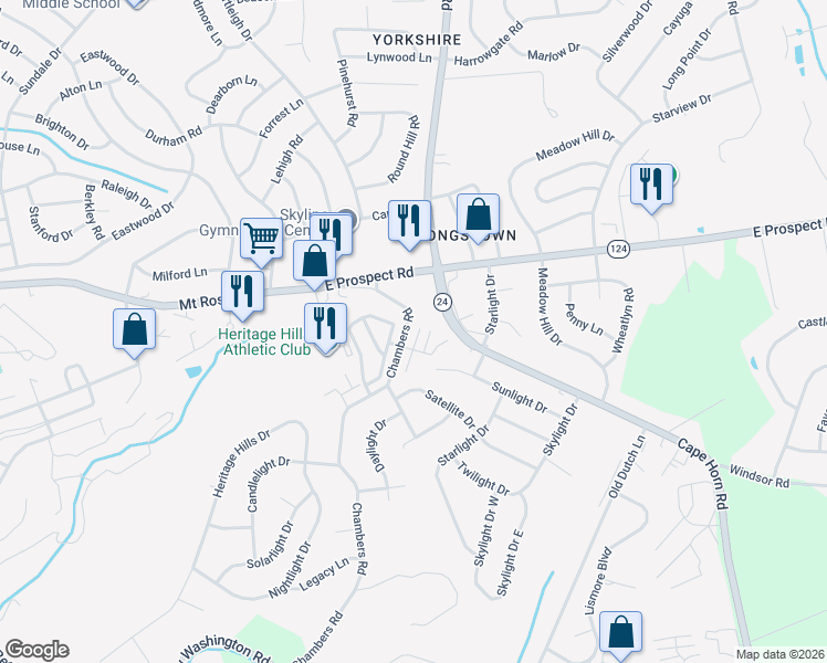 map of restaurants, bars, coffee shops, grocery stores, and more near 1164 Blue Bird Lane in York